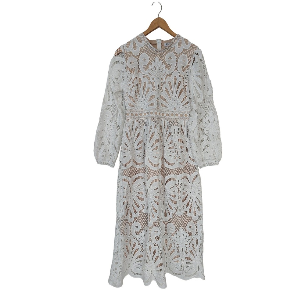 Polagram White Guipure Lace Long Sleeve Lined Midi Dress Size Medium Wedding